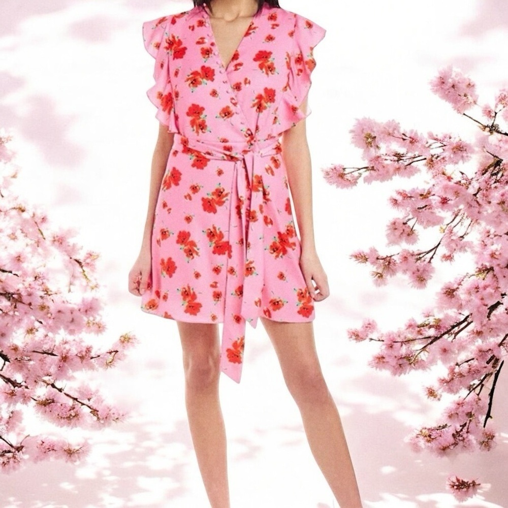 NWT Alexia Admor ‘Maia’ Flutter Sleeve Wrap Mini Dress in “Pink Floral” Size 8